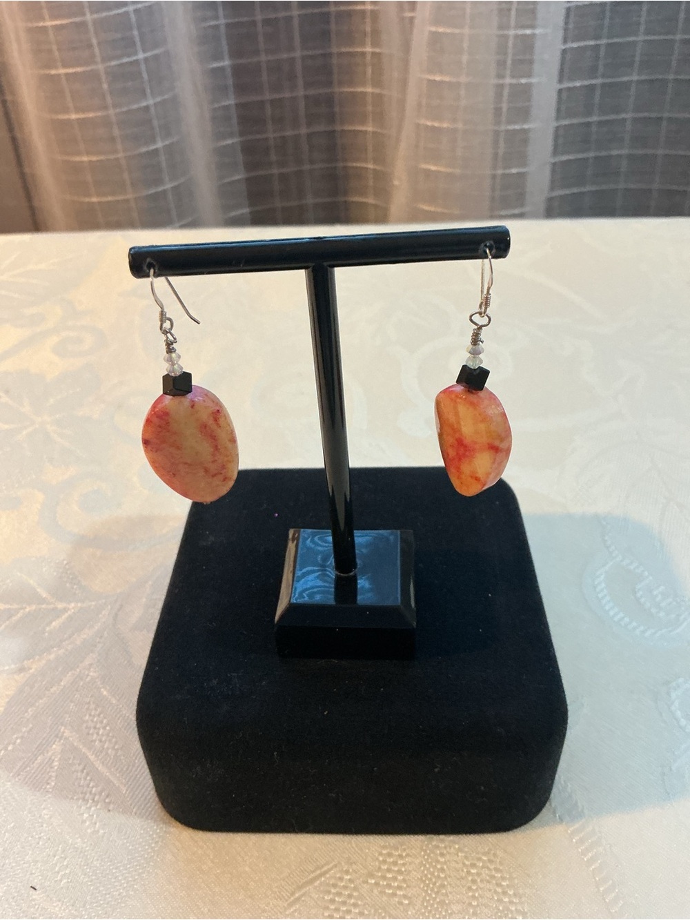 Sunset Orange Natural Dyed Agate Dangle Silver Tone Eartings